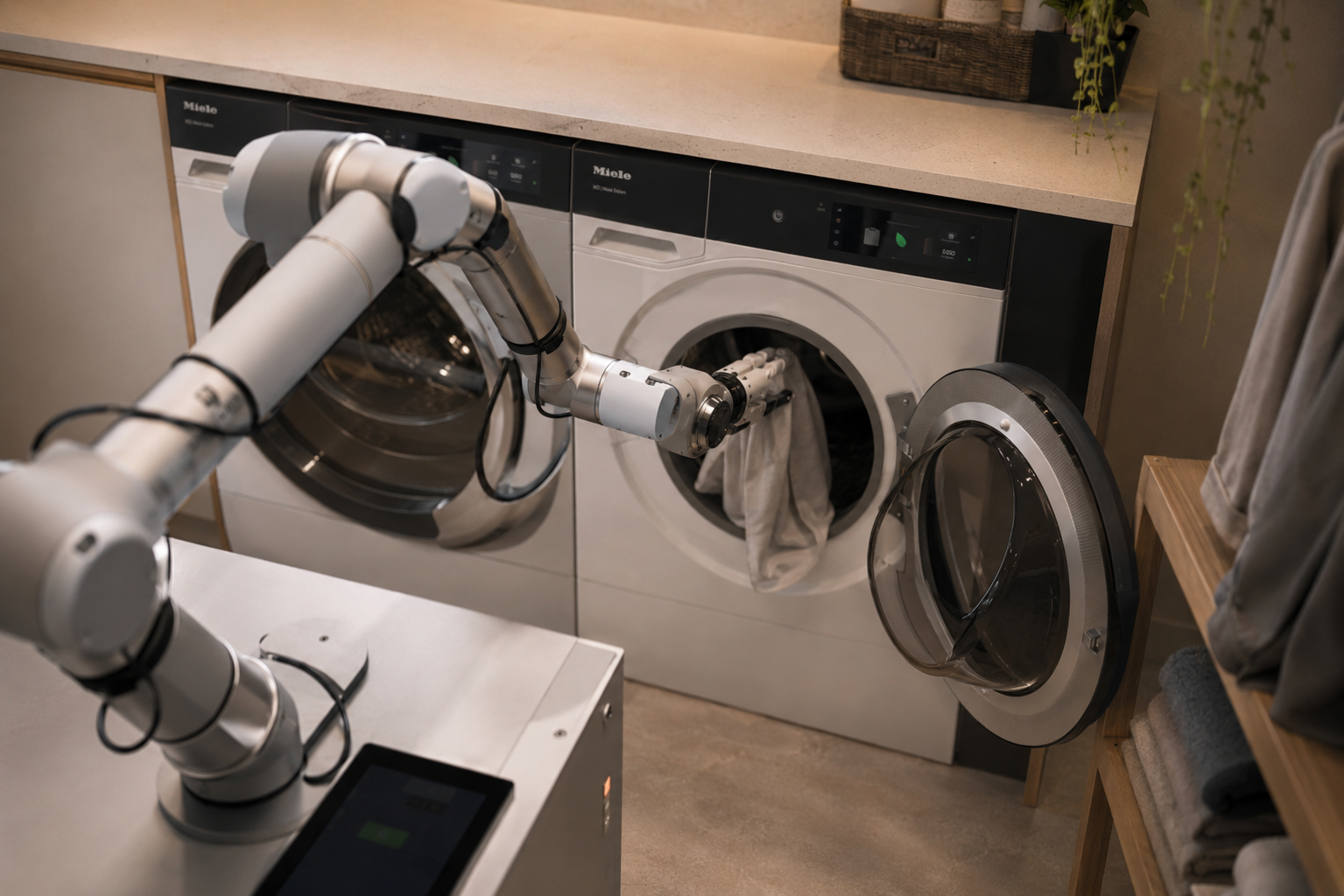 Roboterarm beim Beladen einer Waschmaschine